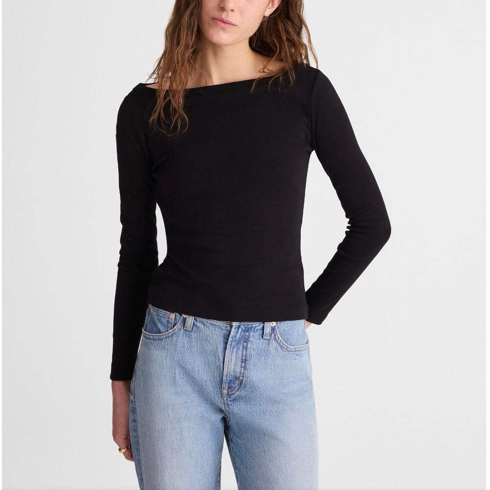 NWT Madewell The '90s Boatneck Tee In Compact Cotton Slim Fit Jet Black Size XS